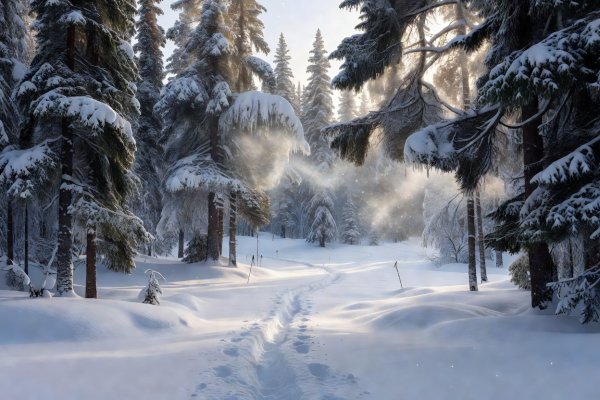 A quiet snowshoe clearing among towering boreal firs with soft sunlight filtering through snow-laden boughs