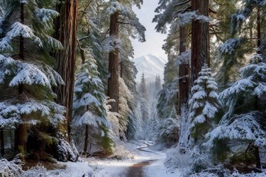 Ancient western redcedars covered in fresh powdered snow along a quiet Washington trail