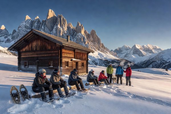 Snowshoe travelers resting beside a traditional wooden hay barn with dramatic mountain peaks in the background